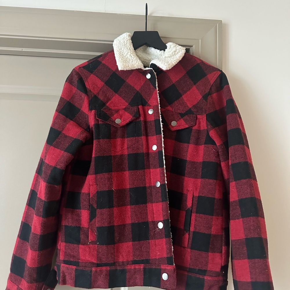 Red and Black Plaid Jacket with White Sherpa Collar